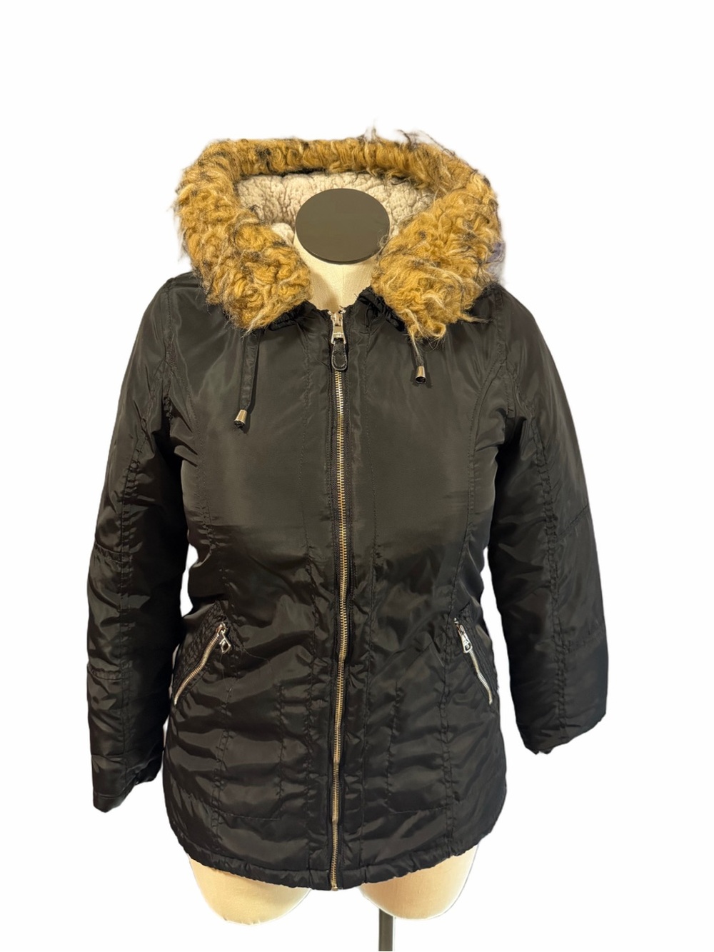 Madden Girl Women's Black Puffer Coat with Faux Fur Trim size small